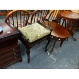 A PIANO STOOL AND THREE OCCASIONAL TABLES.