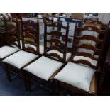 A SET OF EIGHT LADDER BACK DINING CHAIRS AND A TEA TROLLEY.
