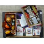POSTCARDS, A LARGE COLELCTION OF PEN KNIVES AND A VARIETY OF NESTING DOLLS.