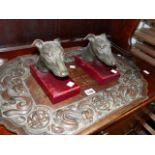 A PAIR OF DOG BOOKENDS AND A CARVED TRAY.