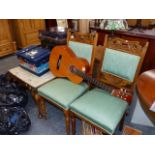 A PAIR OF OAK DINING CHAIRS AND A DRESSING STOOL.