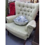 A BUTTON BACK ARMCHAIR, A SWIVEL OFFICE CHAR AND A LATE VICTORIAN LADIES CHAIR.