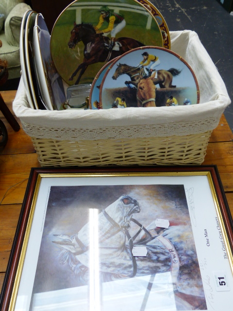 A SIGNED LIMITED EDITION PRINT RACE HORSE AND RELATED COLLECTOR'S PLATES, JAPANESE COFFEE SET,ETC.