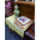 A MID CENTURY KITCHEN TABLE, TWO STOOLS, A BOOKCASE AND VARIOUS WATERCOLOURS BY SHEILA ROUSE.