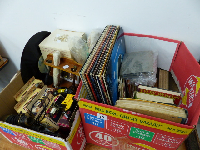 A BOX OF TOY CARS, COLLECTABLES, LP RECORDS,ETC.