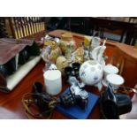 VARIOUS CHINA ORNAMENTS, CUTLERY, BINOCULARS,ETC.