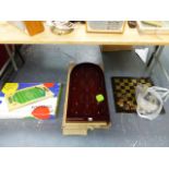 A METAL CHESSBOARD AND PIECES, A WOODEN TABLE FOOT BALL GAME AND ONE OTHER.