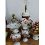 A LARGE POTTERY TABLE LAMP, A PAIR OF PORCELAIN VASES,ETC.