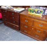 A VICTORIAN PINE CHEST OF DRAWERS AND A MAHOGANY CHEST OF DRAWERS.