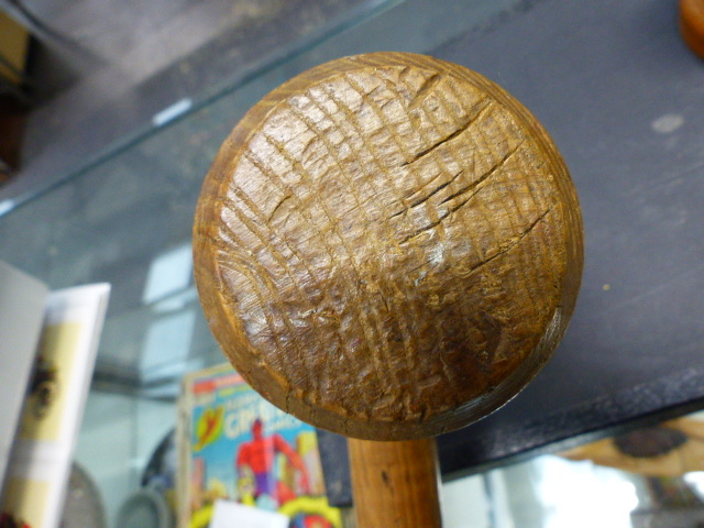 A WOODEN MALLET AND AN ATKINSON LONDON GLASS WOODEN CASED BOTTLE WITH STOPPER. - Image 7 of 15