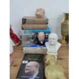 A QTY F CHURCHILL RELATED BOOKS AND ORNAMENTS.