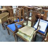 EIGHT OAK QUEEN ANNE STYLE DINING CHAIRS, FOUR SIMILAR WALNUT CHAIRS, A LOOM OTTOMAN AND CHAIR AND