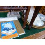 A CONVEX WALL MIRROR, TABLE LINENS, POSTCARDS AND A 1955 PRESCOTT HILL CLIMB PROGRAMNE.