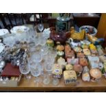 A QTY OF COTTAGEWARE PRESERVE POTS, VARIOUS GLASSWARES, PLATED CUTLERY AND DUCK ORNAMENTS.