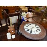 AN ANTIQUE WALL CLOCK, A TOBY JUG AND VARIOUS EASTERN ORNAMENTS.