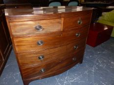 A 19th.C. EBONY LINE INLAID MAHOGANY BOW FRONT CHEST OF TWO SHORT AND THREE LONG DRAWERS