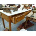 A VICTORIAN PINE SCULLERY DRESSER BASE WITH THREE FRIEZE DRAWERS ON SQUARE LEGS. 218 x 66 x H.