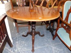 A 19th.C.MAHOGANY AND INLAID TRIPOD BIRDCAGE TILT TOP TABLE ON TURNED COLUMN SUPPORT. Dia.89 x H.