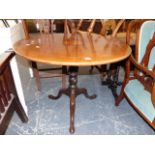 A 19th.C.MAHOGANY AND INLAID TRIPOD BIRDCAGE TILT TOP TABLE ON TURNED COLUMN SUPPORT. Dia.89 x H.