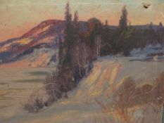EARLY 20th.C.SCANDINAVIAN SCHOOL. A WINTER LAKE SCENE, SIGNED INDISTINCTLY OIL ON CANVAS,