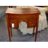 A DIMINUITIVE SHERATON STYLE SATINWOOD AND PAINT DECORATED BOW FRONT SIDEBOARD OR DRESSING TABLE
