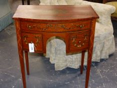 A DIMINUITIVE SHERATON STYLE SATINWOOD AND PAINT DECORATED BOW FRONT SIDEBOARD OR DRESSING TABLE