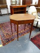 A 19th.C.MAHOGANY AND INLAID OCTAGONAL OCCASIONAL TABLE WITH FRIEZE DRAWER ON SIX SQUARE TAPERED