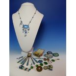 A SELECTION OF ORIENTAL BLUE ENAMELLED JEWELLERY TOGETHER WITH AN IVORY AND WHITE METAL FISH BROOCH,