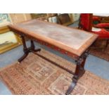 A VICTORIAN WRITING TABLE, THE RECTANGULAR TOP WITH BURL EDGE, THE APRON WITH EBONISED CABOCHONS