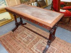 A VICTORIAN WRITING TABLE, THE RECTANGULAR TOP WITH BURL EDGE, THE APRON WITH EBONISED CABOCHONS