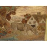 AN EARLY 19th.C. WOOLWORK PICTURE OF A DONKEY GRAZING BY A TREE OUTSIDE A COTTAGE