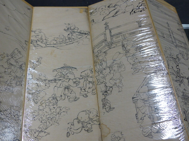 A CHINESE THIRTEEN FOLD PEN AND INK DRAWING OF CHILDREN PLAYING OUTSIDE A PAVILION BEFORE WHICH - Image 7 of 9