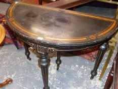 A 19th.C.SATINWOOD INLAID EBONY DEMI LUNE GAMES TABLE, A SMALL DRAWER TO THE BACK FLANKING A CENTRAL