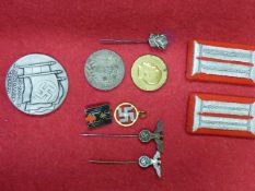 THIRD REICH DRK ENAMEL PIN BADGE, HUNTING ASSOCIATION PIN AND TWO FURTHER AWARD PINS, TWO COLLAR