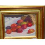 PETER GARDNER. 20th.C. ARR. PLUMS AND A PAPER BAG, SIGNED OIL ON BOARD. 15.5 x 20.5cms TOGETHER WITH