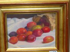 PETER GARDNER. 20th.C. ARR. PLUMS AND A PAPER BAG, SIGNED OIL ON BOARD. 15.5 x 20.5cms TOGETHER WITH