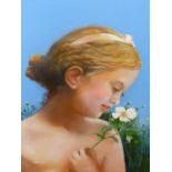 COLIN FROOMS. (1933-2017) ARR. GIRL WITH FLOWER, OIL ON PANEL, SIGNED. 29 x 33cms.