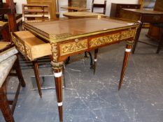 A FINE QUALITY FRENCH PARQUETRY INLAID ORMOLU MOUNTED LOUIS XVI STYLE WRITING TABLE, STAMPED AND