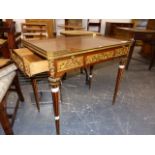 A FINE QUALITY FRENCH PARQUETRY INLAID ORMOLU MOUNTED LOUIS XVI STYLE WRITING TABLE, STAMPED AND