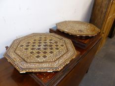 TWO INDIAN OCTAGONAL TABLES ON FOLDING STANDS, ONE IVORY INLAID WITH BIRDS AND FLOWERS