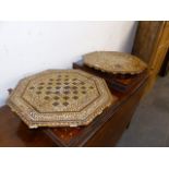 TWO INDIAN OCTAGONAL TABLES ON FOLDING STANDS, ONE IVORY INLAID WITH BIRDS AND FLOWERS