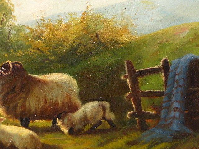 19th.C.ENGLISH SCHOOL. SHEEP IN A NORTH COUNTRY LANDSCAPE, OIL ON CANVAS. 50 x 76cms. - Image 6 of 10