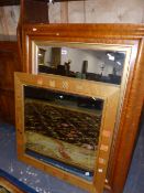 A LARGE VICTORIAN MAPLE FRAMED MIRROR 107x83cms WITH A LATER WALL MIRROR INLAID WITH SEMAPHORE