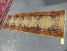 TWO ANTIQUE PERSIAN RUGS AND A FRAGMENT, A TRIBAL RUNNER 267 x 78cms, A LILEHAN RUG 142 x 78cms