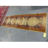 TWO ANTIQUE PERSIAN RUGS AND A FRAGMENT, A TRIBAL RUNNER 267 x 78cms, A LILEHAN RUG 142 x 78cms