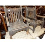 A PAIR OF GOOD QUALITY TEAK CHILD SIZE GARDEN ARMCHAIRS OF TRADITIONAL FORM, CONSTRUCTED FROM THE