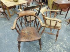 A PAIR OF SMOKER'S BOW ARMCHAIRS TOGETHER WITH AN OXFORD TYPE ELBOW CHAIR. (3)