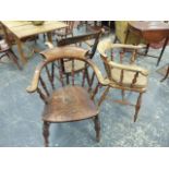 A PAIR OF SMOKER'S BOW ARMCHAIRS TOGETHER WITH AN OXFORD TYPE ELBOW CHAIR. (3)