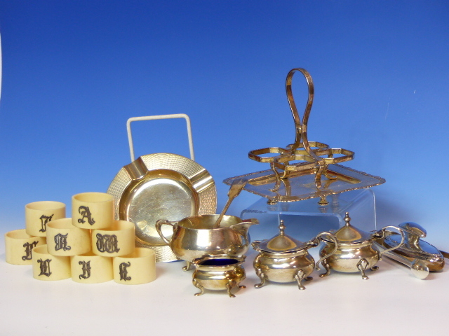 A QUANTITY OF HALLMARKED SILVER, ETC TO INCLUDE A CREAMER. ASHTRAY,SUGAR NIPS, A THREE PART CRUET