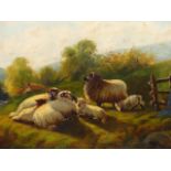 19th.C.ENGLISH SCHOOL. SHEEP IN A NORTH COUNTRY LANDSCAPE, OIL ON CANVAS. 50 x 76cms.